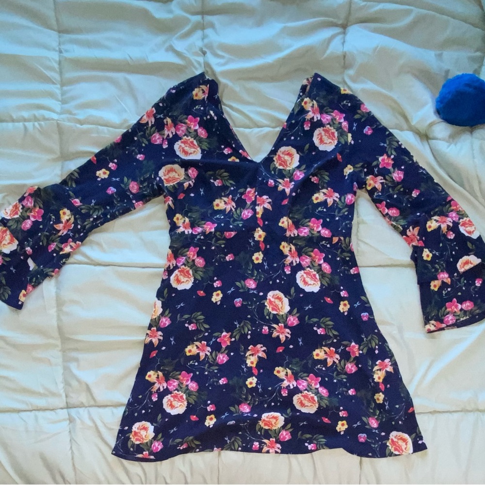 floral navy dress with flare sleeves